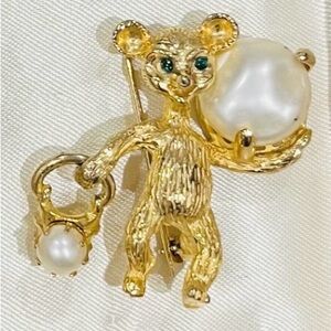 Gold Bear Brooch with Pearl Accents